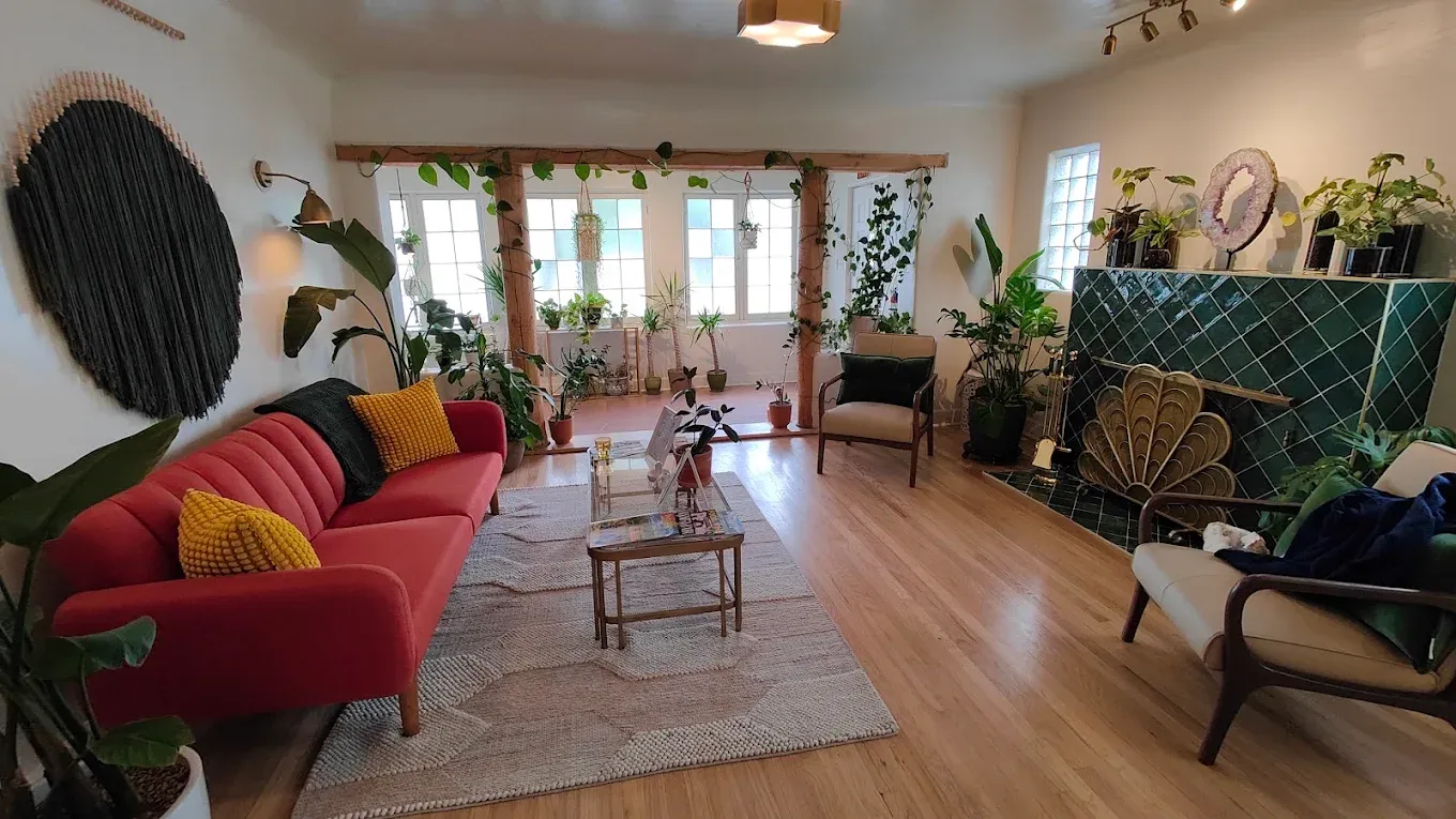 The welcoming lobby at Harper's Valley Spa in Los Ranchos